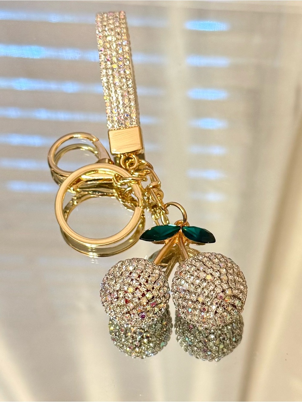 Sparkling White  Crystal Cherry Keychain w/gold hardware
